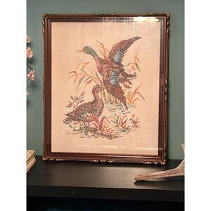 Antique T. Eaton Co. Framed Needlepoint Ducks Cross-Stitch Gilded Wood Ornate 27